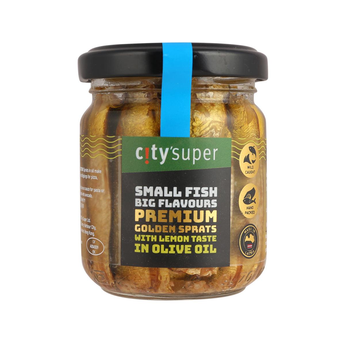 CITYSUPER jar of golden sprats in olive oil with lemon, black lid, glass container