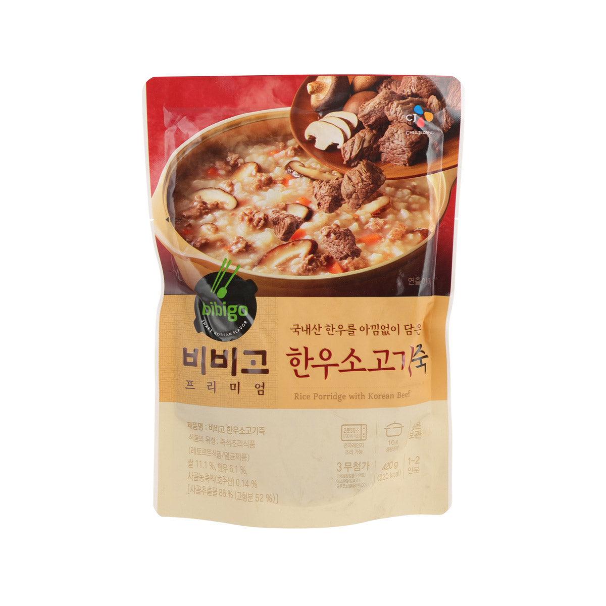 Rice porridge with Korean beef pouch, 420g, front view with bowl illustration