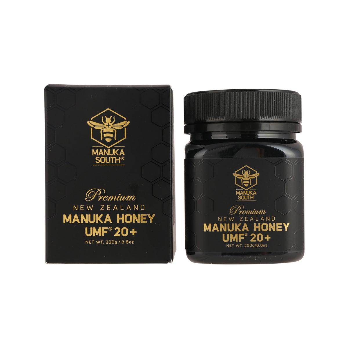 MANUKA SOUTH UMF 20+ manuka honey jar and box, 250g, dark label
