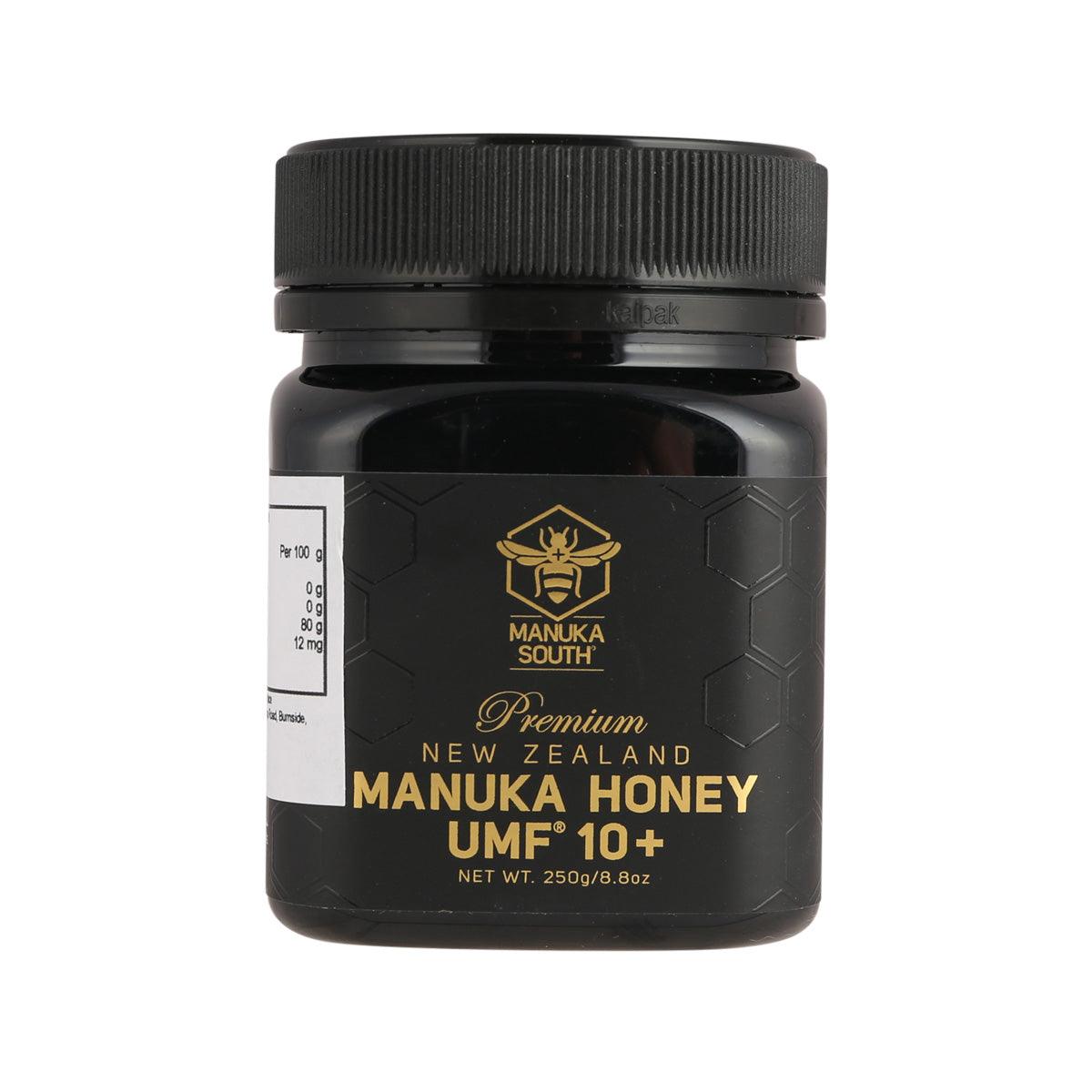 MANUKA SOUTH Manuka honey jar with black lid, UMF 10+ and net 250g