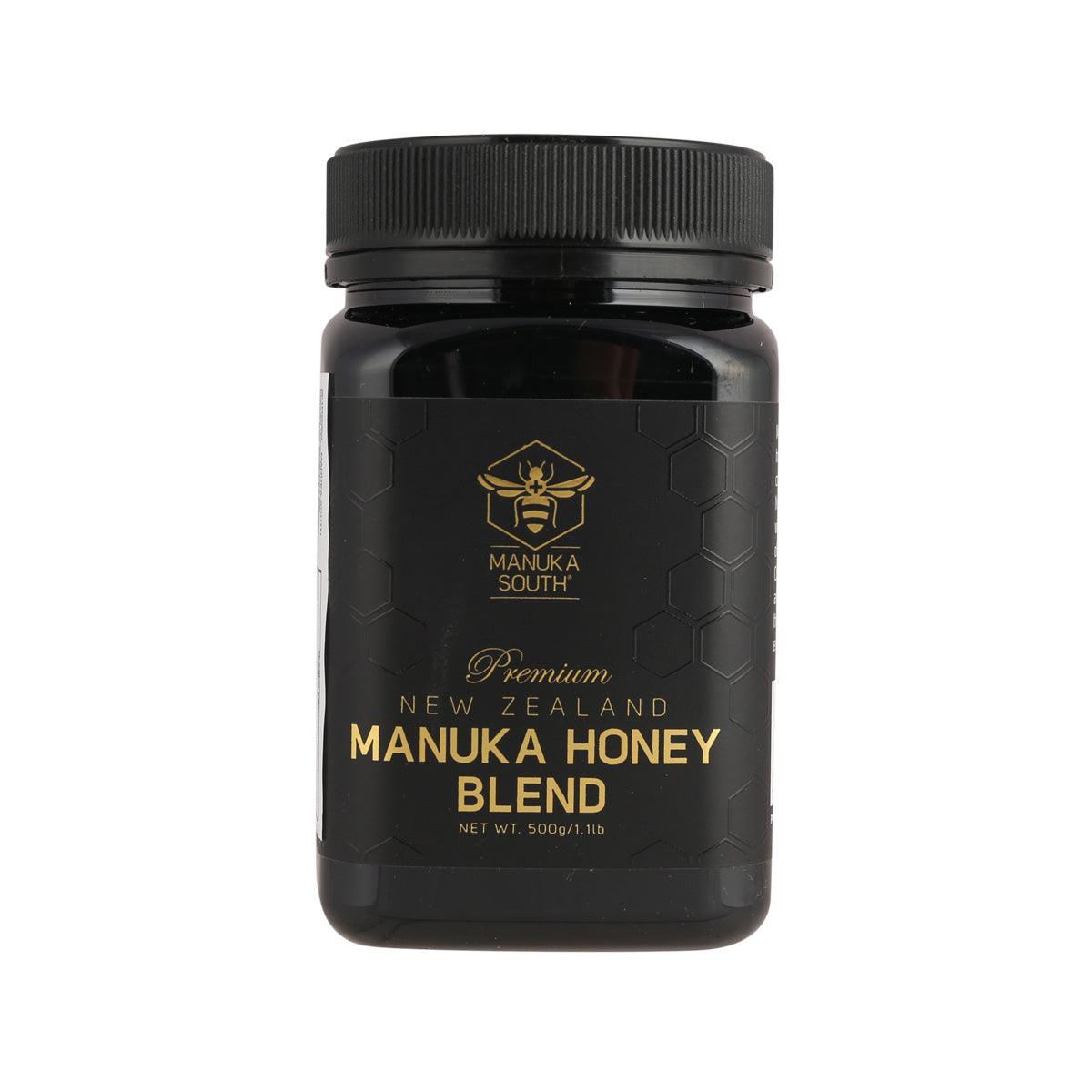 MANUKA SOUTH Manuka Honey Blend 500g jar, black bottle with gold logo and cap