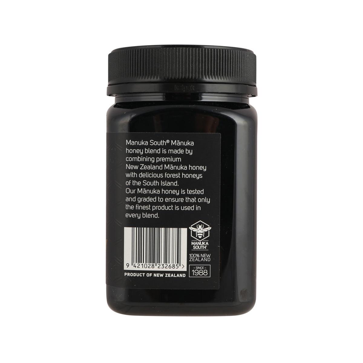 MANUKA SOUTH Manuka Honey Blend 500g jar, black bottle with back label and barcode