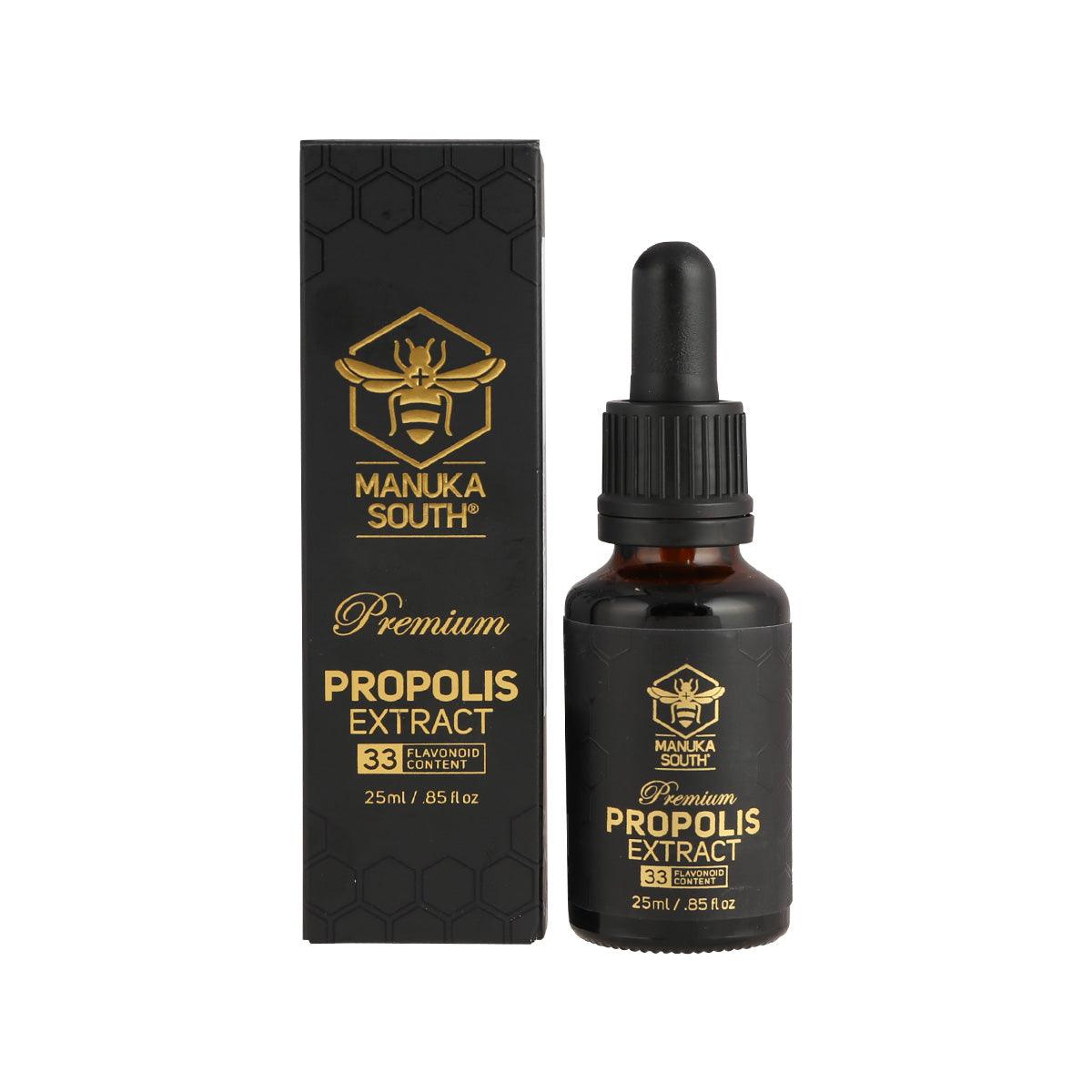 MANUKA SOUTH propolis extract bottle and box, 25 mL, dark amber black dropper