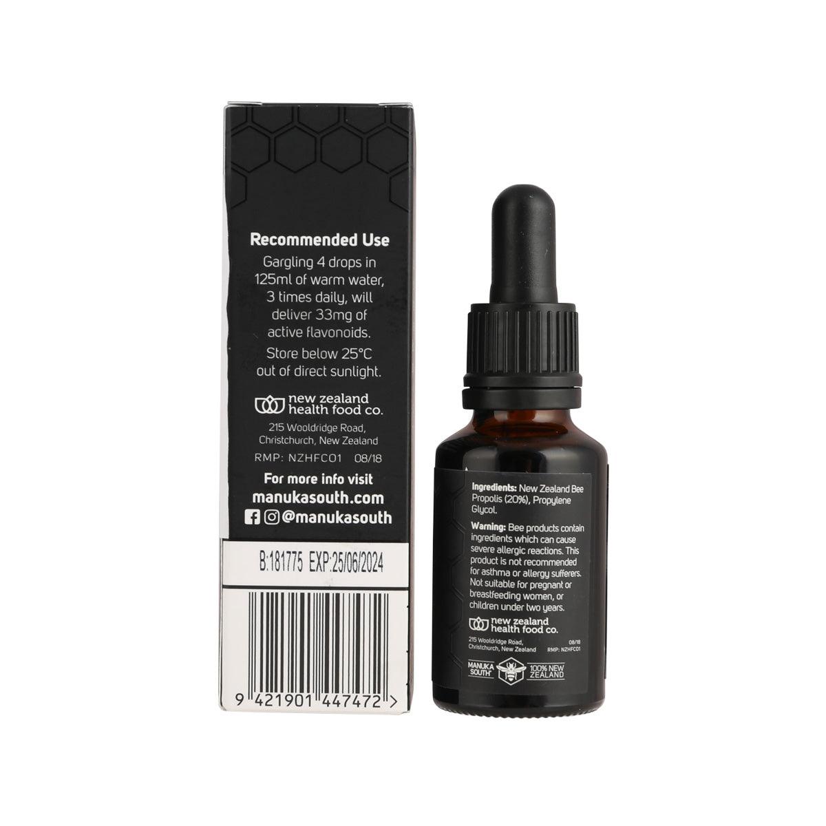 MANUKA SOUTH propolis extract bottle and box, back label with usage and barcode