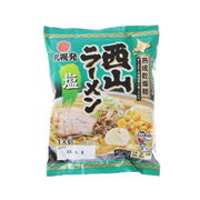 Salt ramen noodle packet, green and white with bowl photo on front