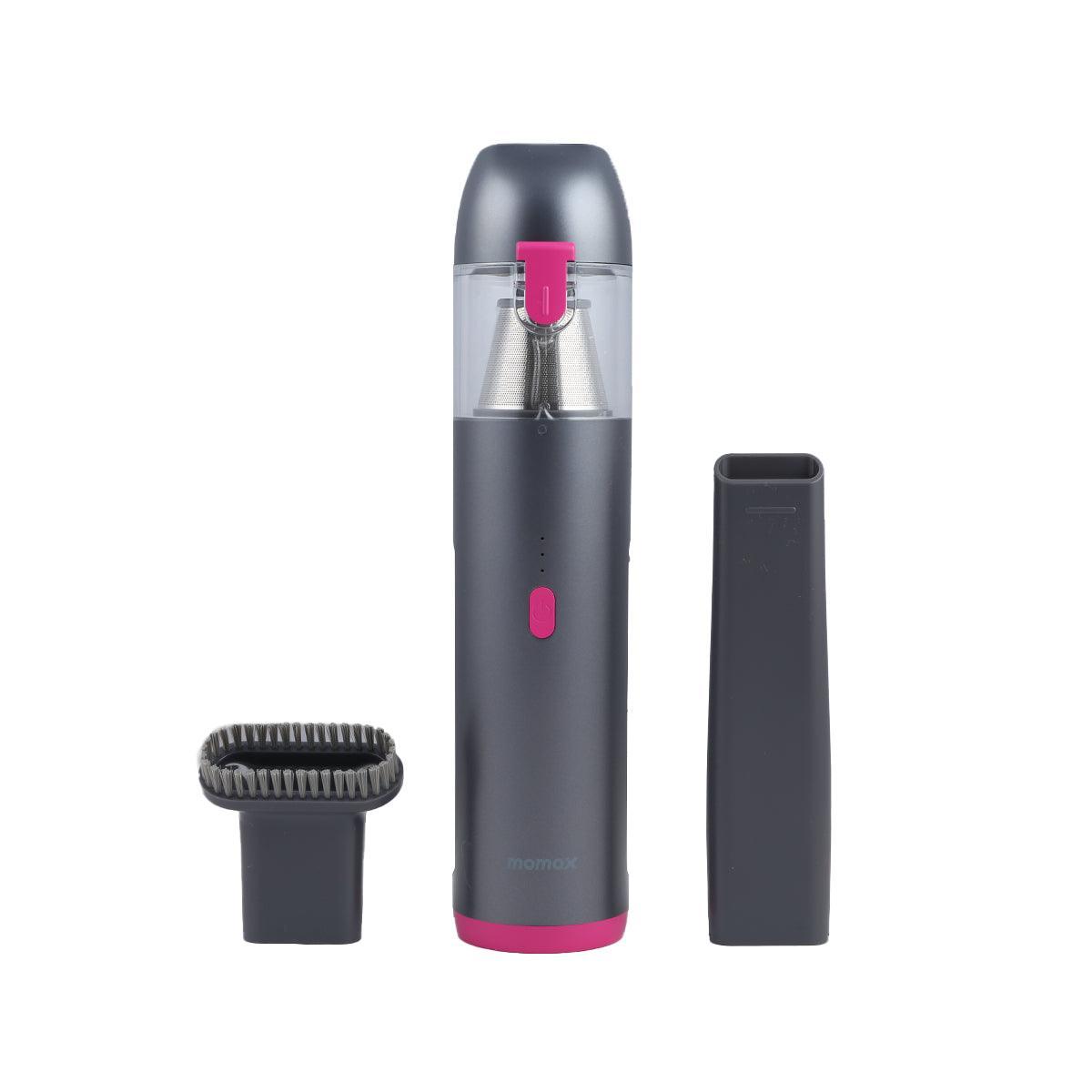 Handheld cordless vacuum cleaner, dark gray with pink button, with brush attachment