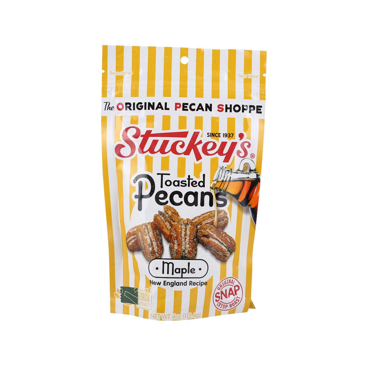 Maple toasted pecans bag, yellow striped packaging with brand and product label