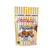 Maple toasted pecans bag, yellow striped packaging with brand and product label