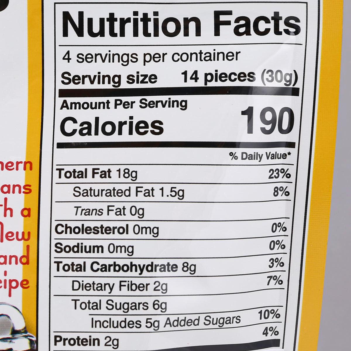 Nutrition Facts label for maple toasted pecans, shows serving size and calories