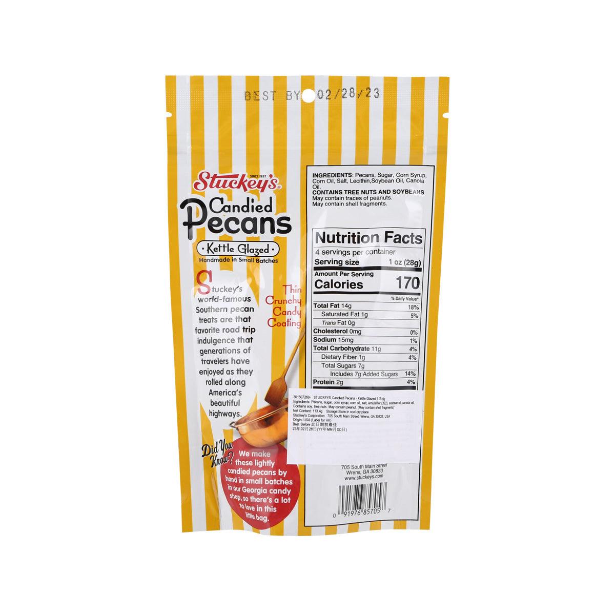 STUCKEY's candied pecans Kettle Glazed back of bag with Nutrition Facts panel