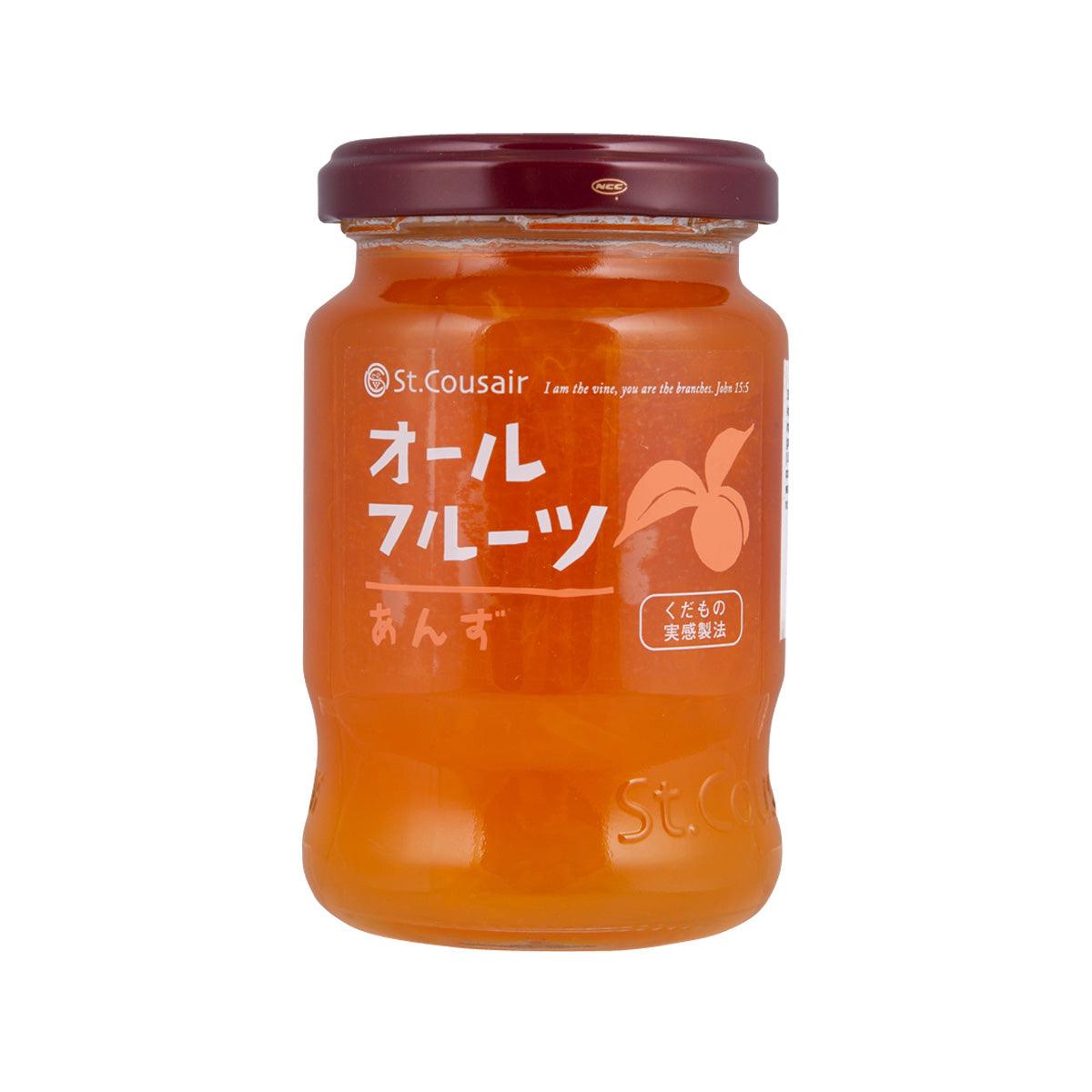 St.Cousair apricot fruit jam in orange glass jar with gold lid