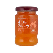 St.Cousair apricot fruit jam in orange glass jar with gold lid