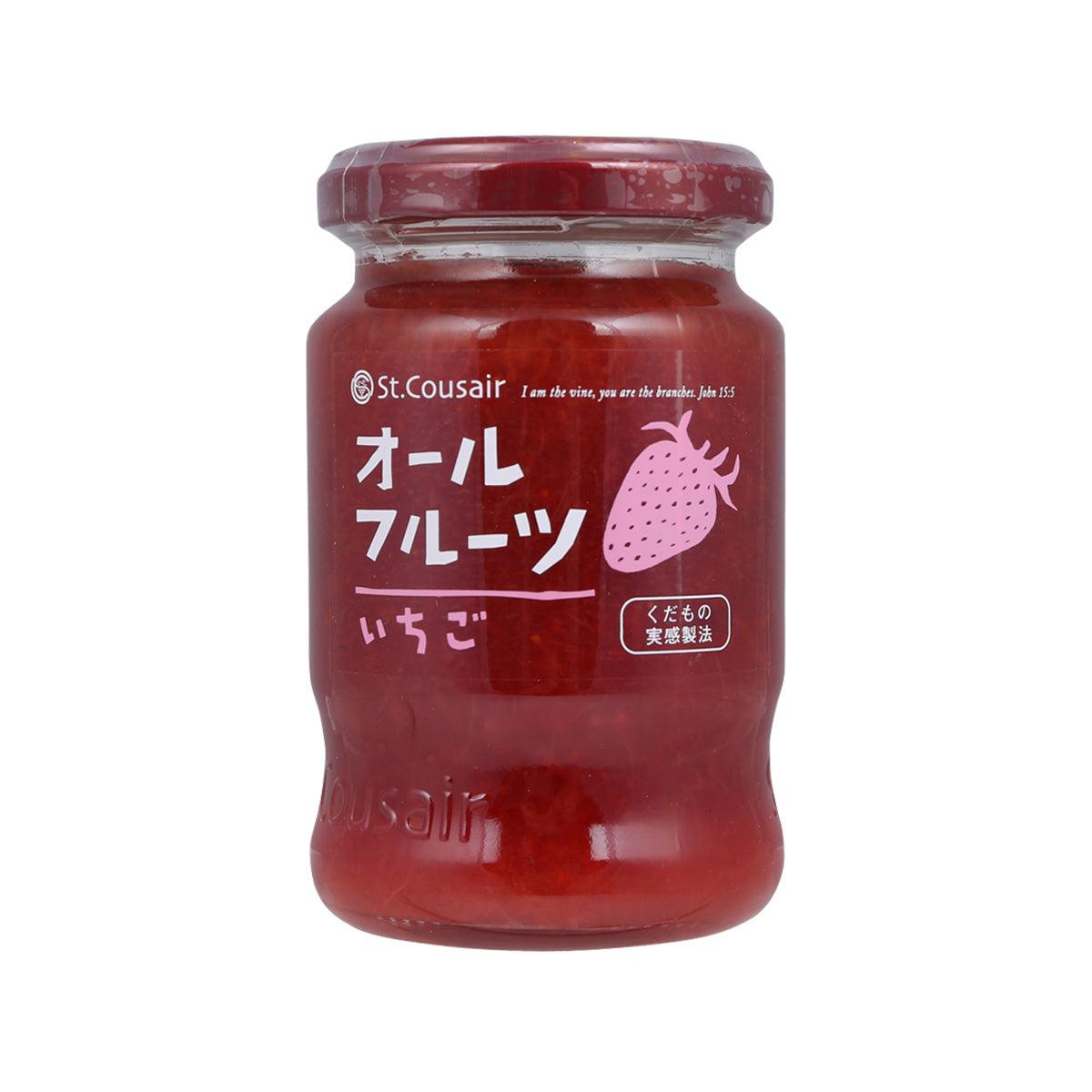 St.Cousair strawberry jam in glass jar with red screw-top lid