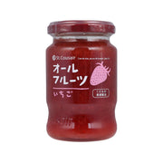 St.Cousair strawberry jam in glass jar with red screw-top lid