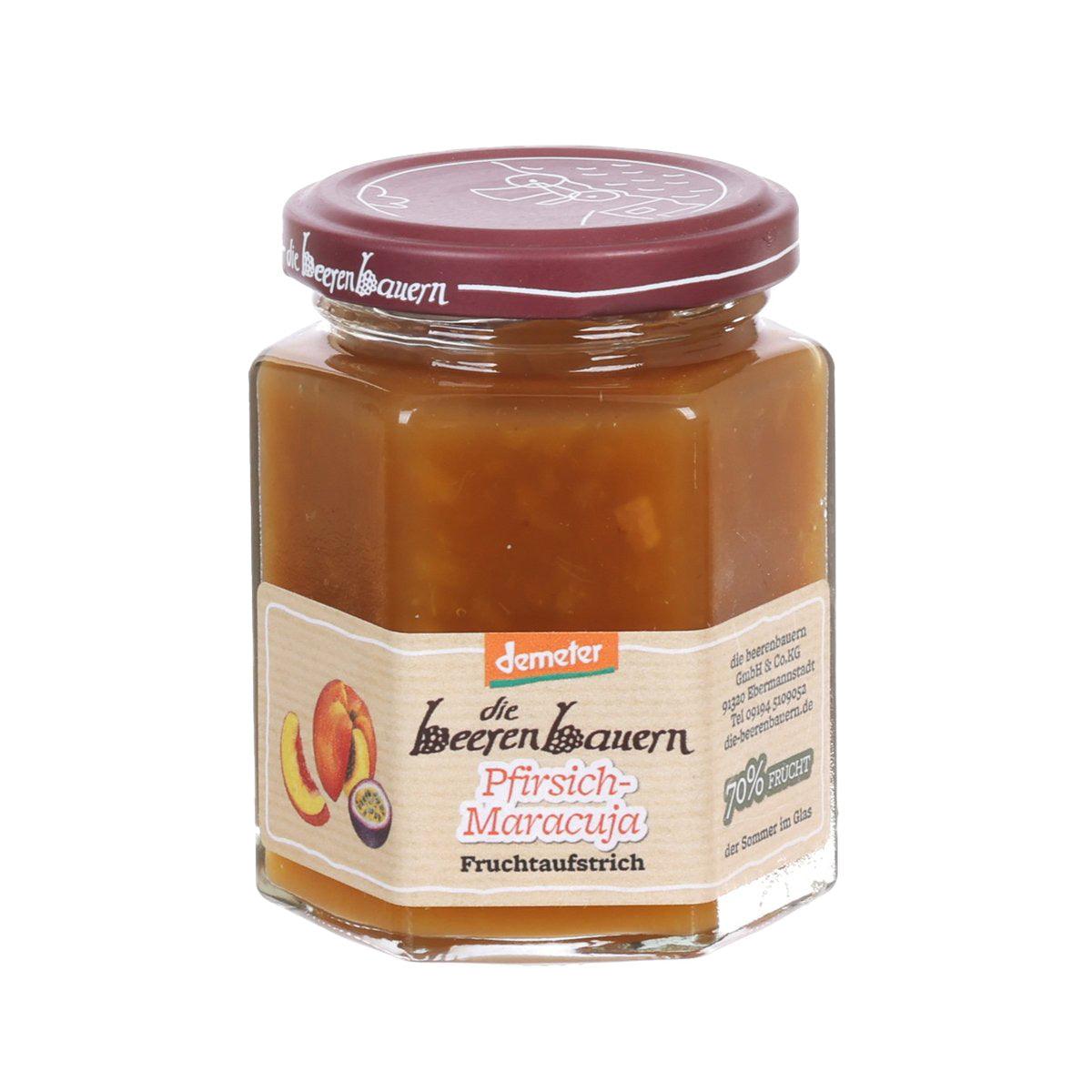 BEERENBAUERN organic peach & passion fruit jam in glass jar with maroon lid