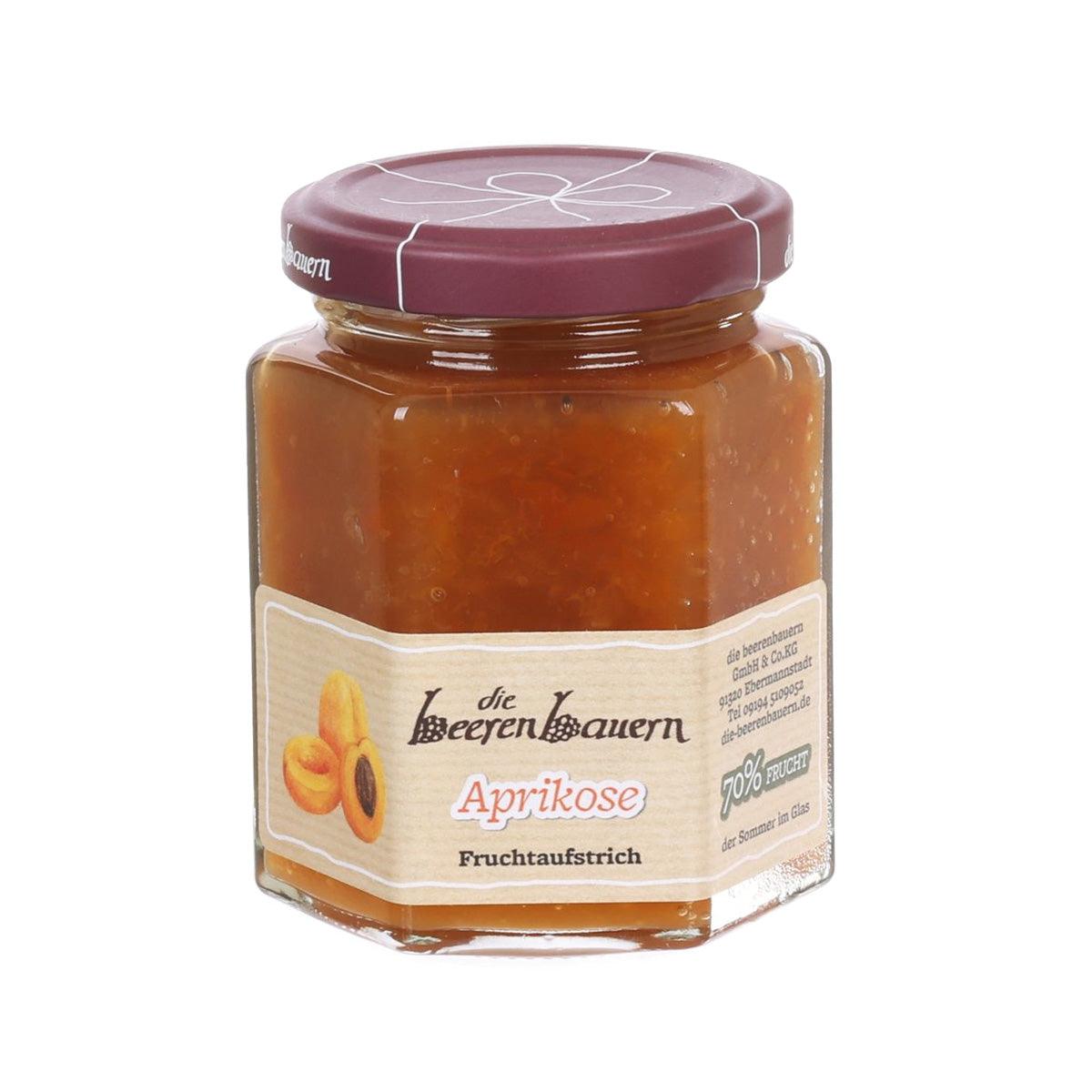 BEERENBAUERN apricot fruit jam jar with maroon lid, 70% fruit