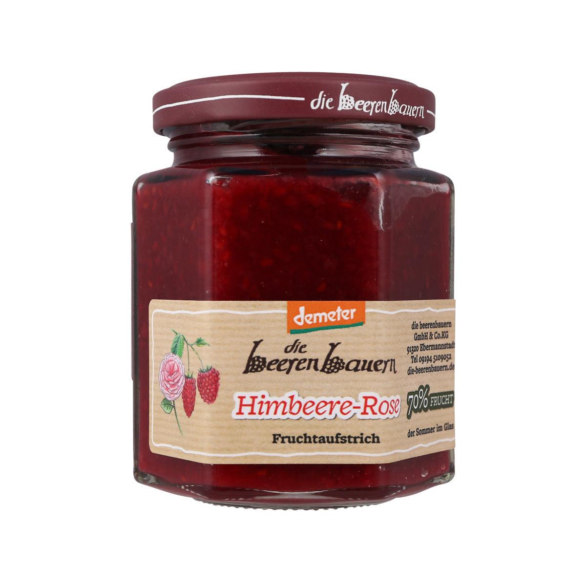 Organic 70% raspberry rose fruit jam jar (200g), with front label and lid
