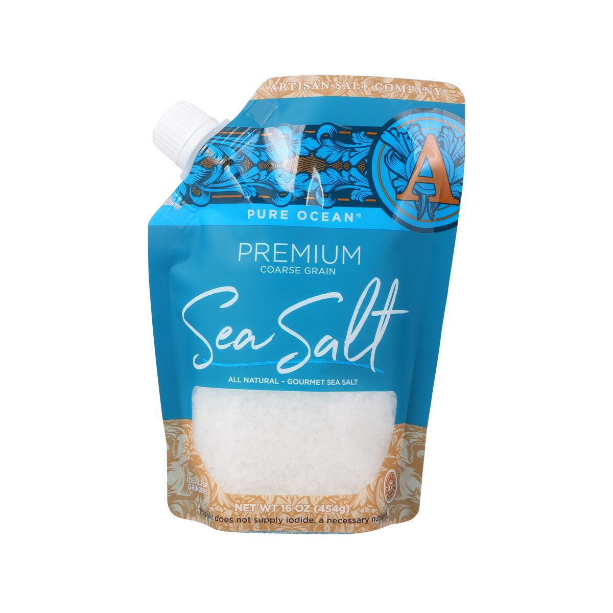 Premium coarse grain sea salt pouch, Pure Ocean, white sea salt, 454 g