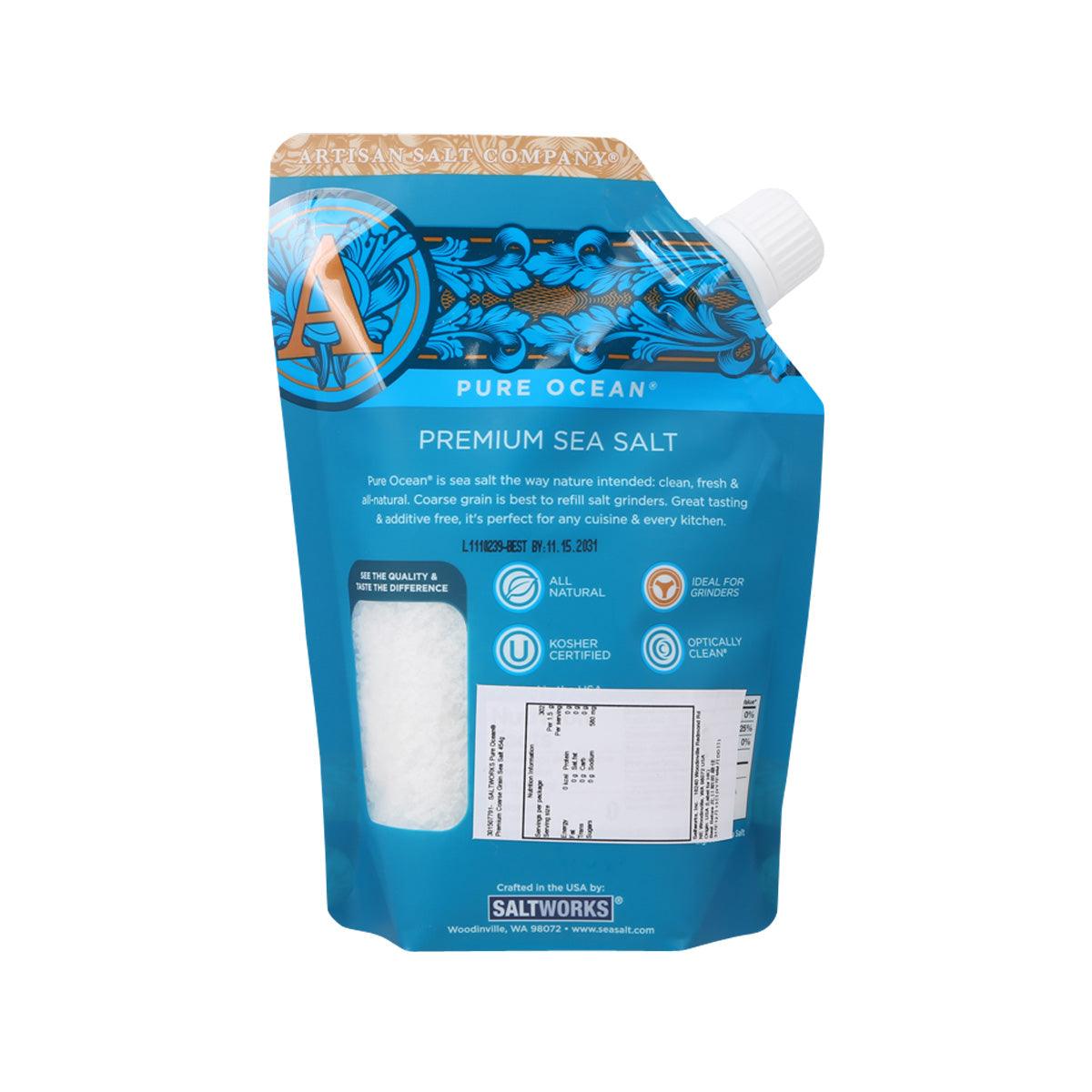 Pure Ocean premium sea salt pouch with label and coarse grain salt, 454 g