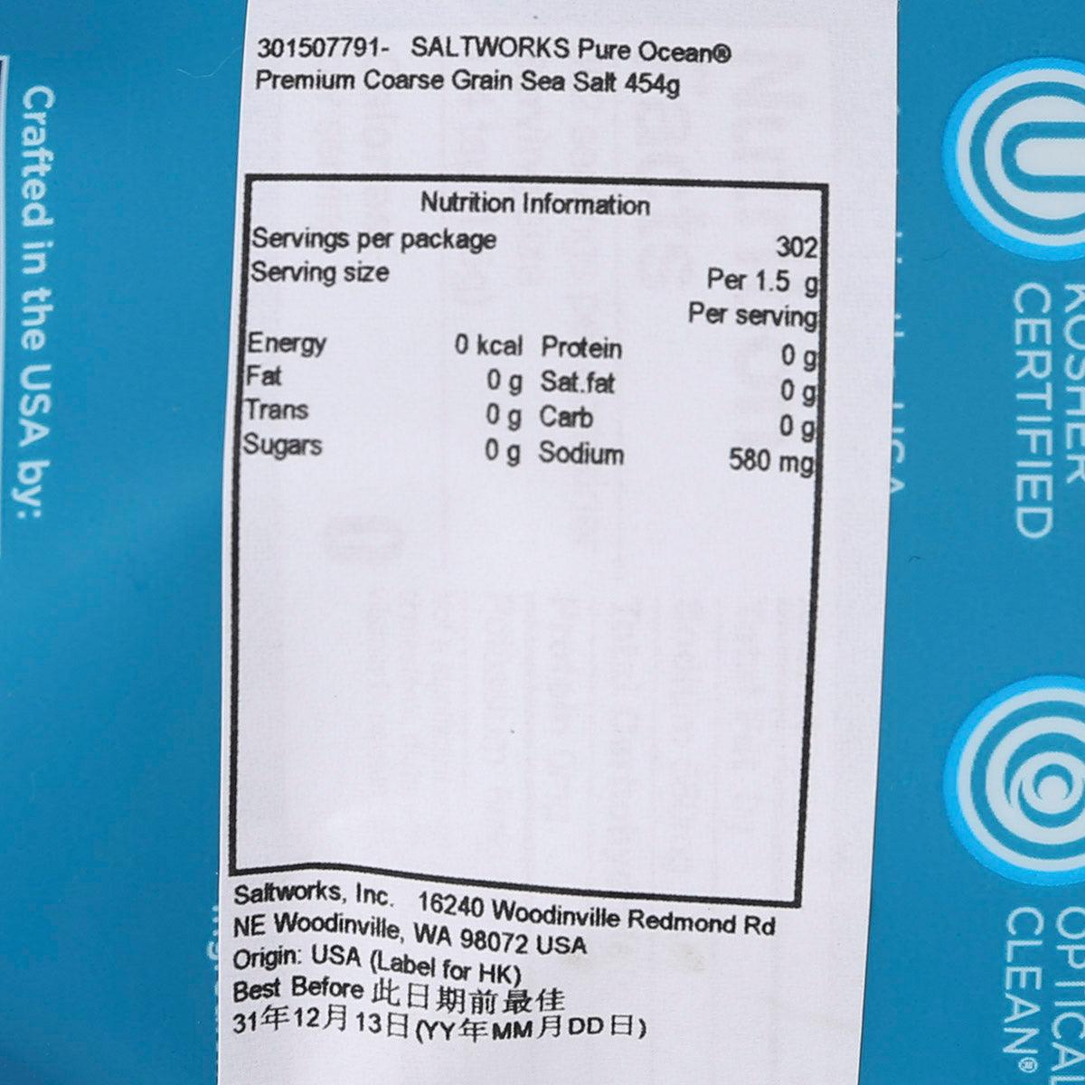 Close-up of nutrition facts on Pure Ocean premium coarse grain sea salt, 454 g pouch