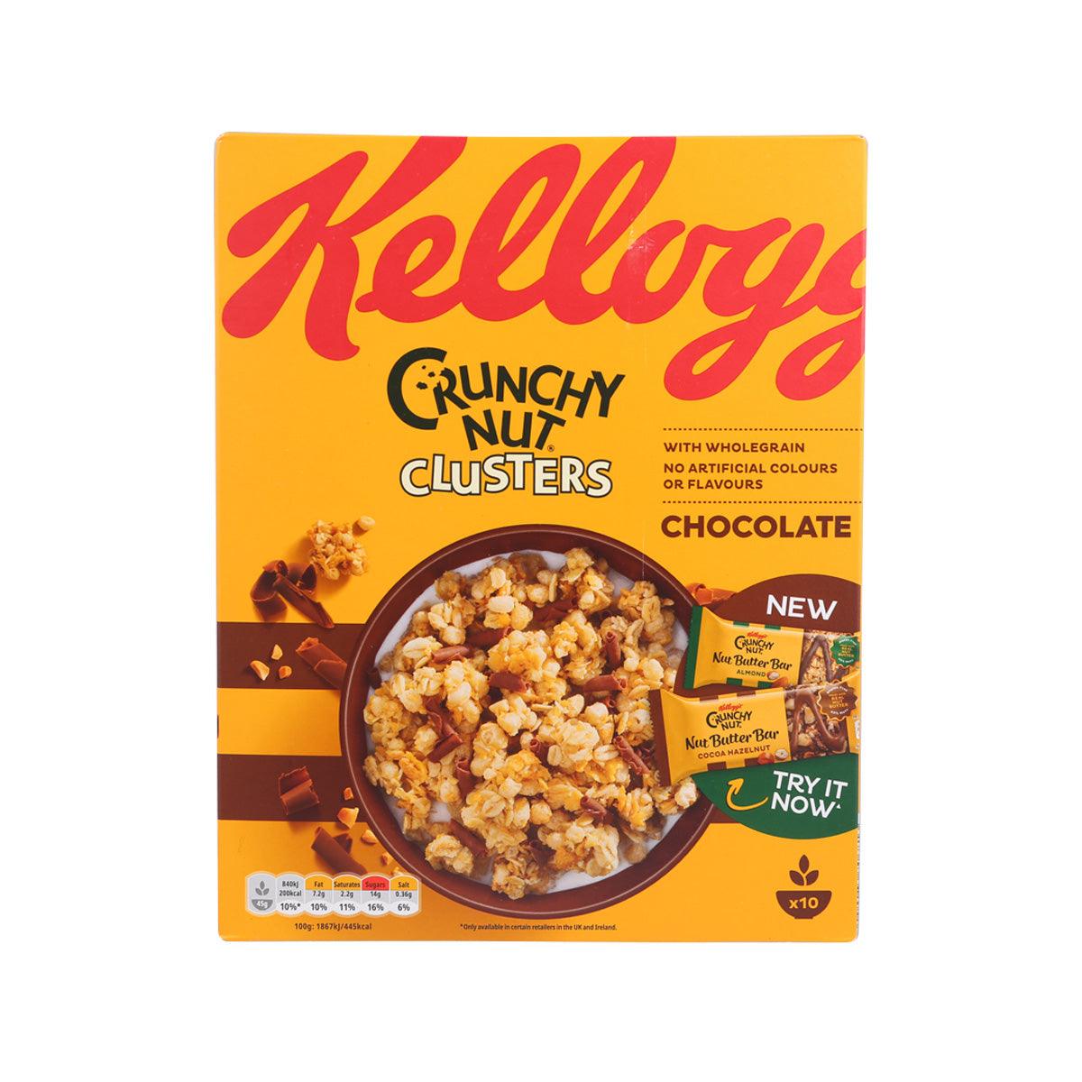 Kellogg's Crunchy Nut Chocolate Clusters cereal box in orange, with cluster photo
