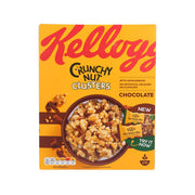 Kellogg's Crunchy Nut Chocolate Clusters cereal box in orange, with cluster photo