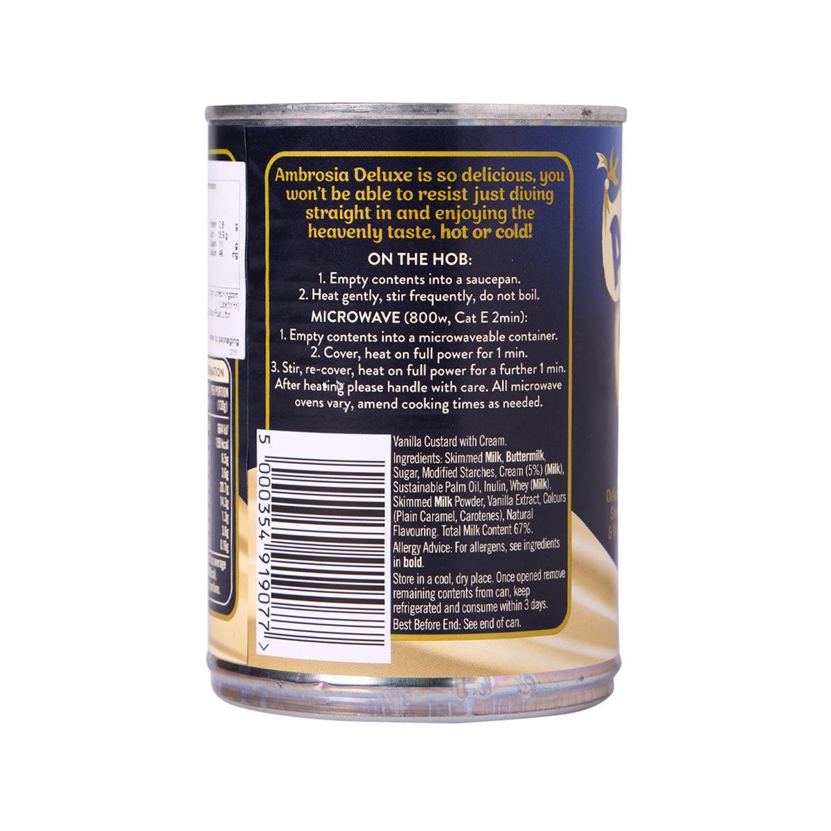 AMBROSIA Deluxe custard back label with barcode and preparation instructions