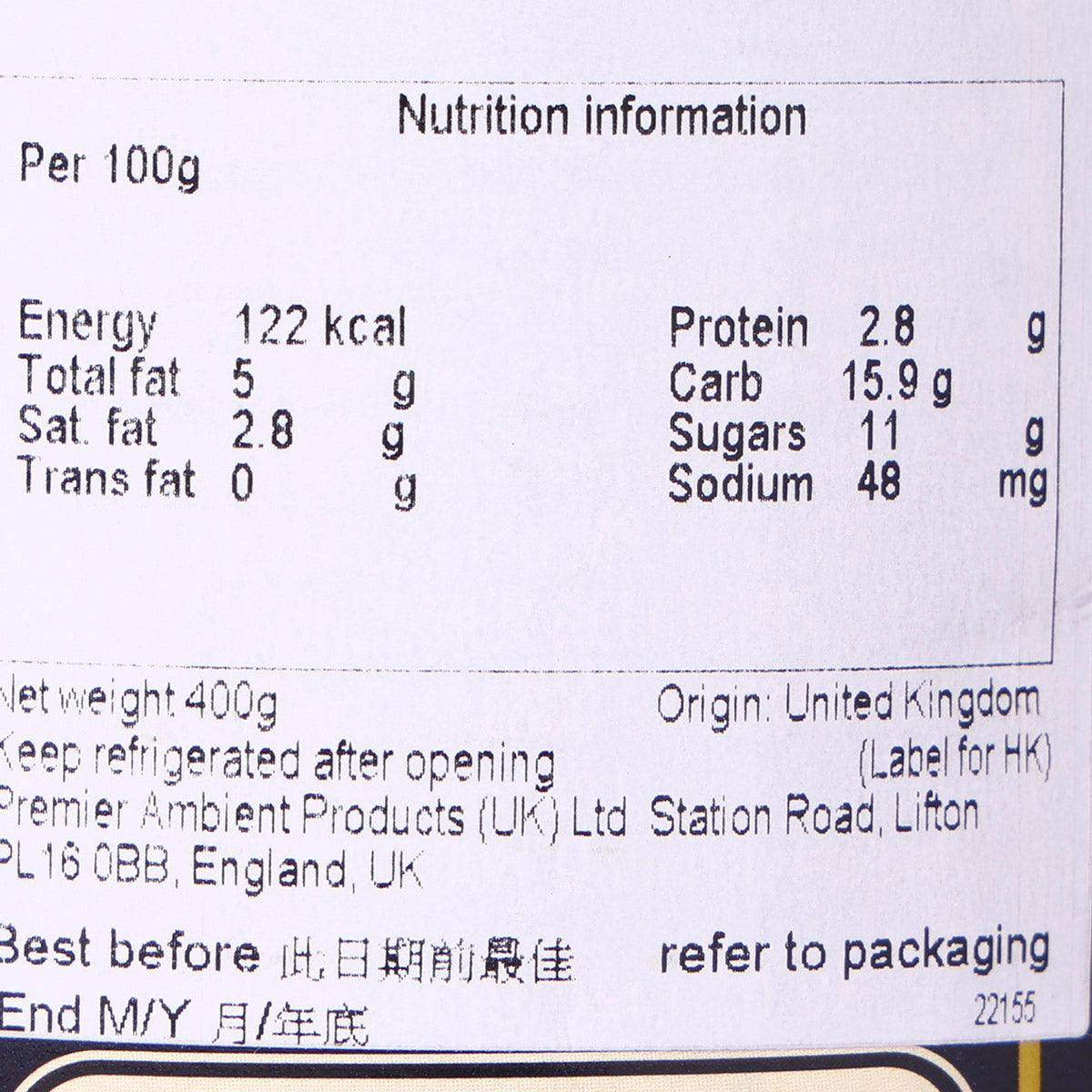 AMBROSIA Deluxe custard nutrition facts panel, per 100g and 400g