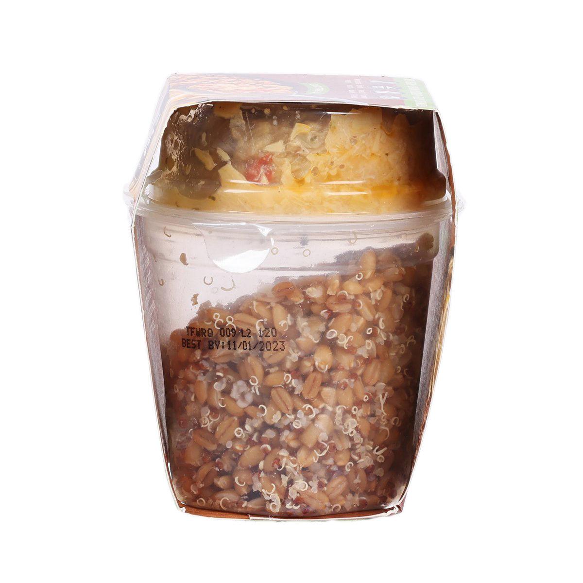 Transparent plastic meal cup with visible grains and sauce, two sections