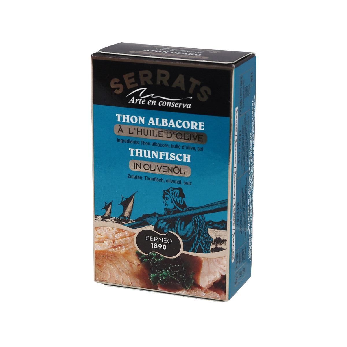 SERRATS canned yellowfin tuna fillet in olive oil box, side view