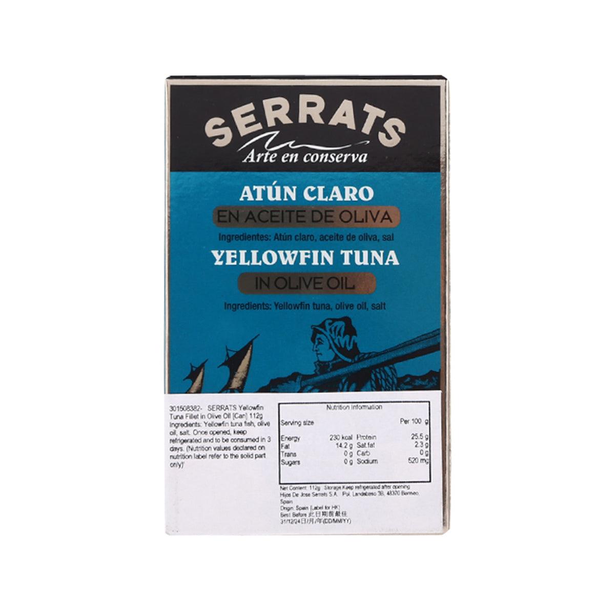 SERRATS canned yellowfin tuna fillet in olive oil box, back nutrition panel
