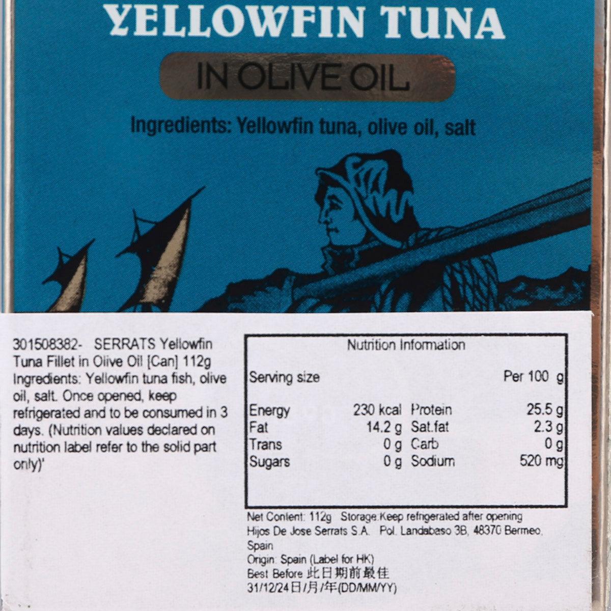 SERRATS yellowfin tuna in olive oil label close-up, ingredients and nutrition