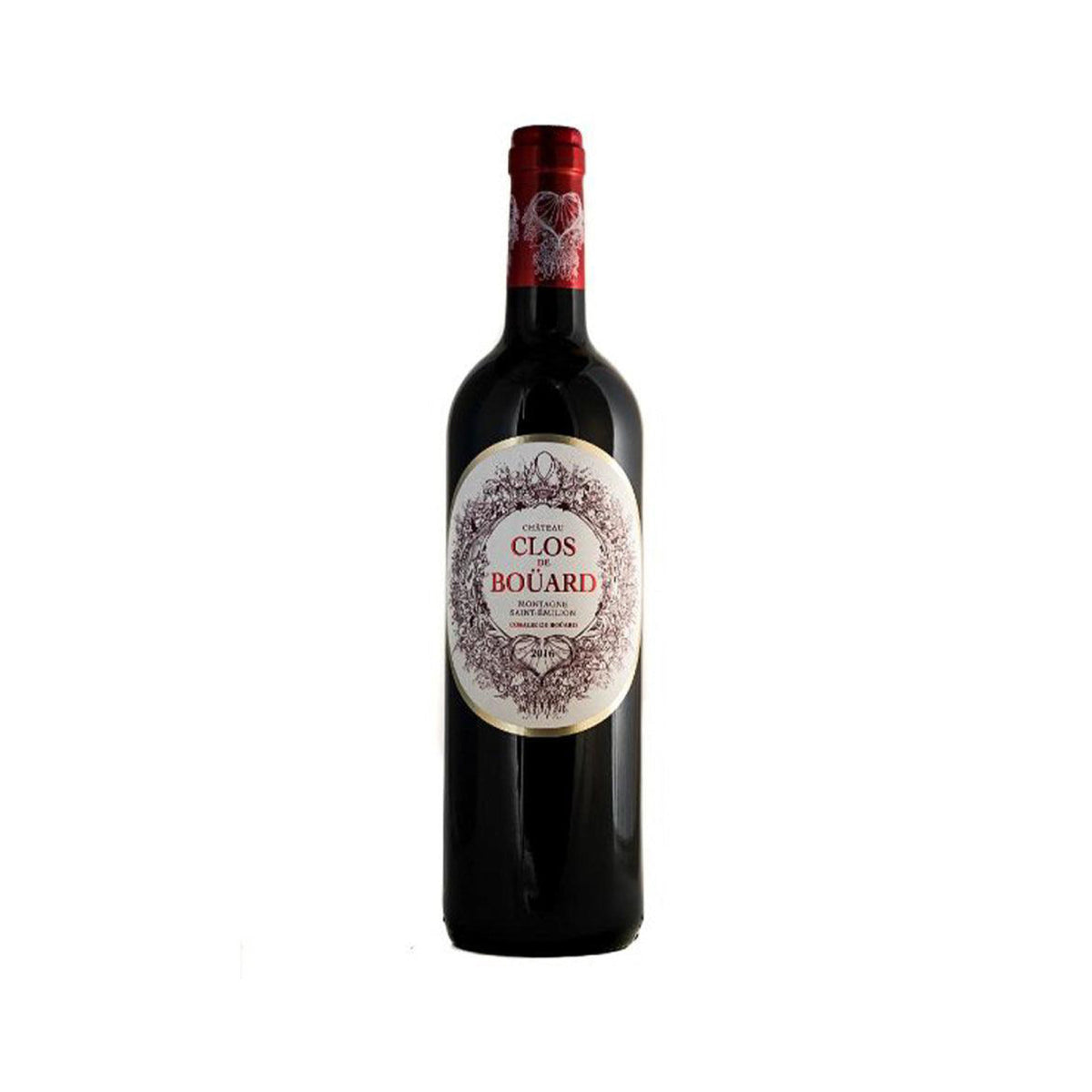 Clos de Bouard Bordeaux 2016 wine bottle, red foil cap and round front label