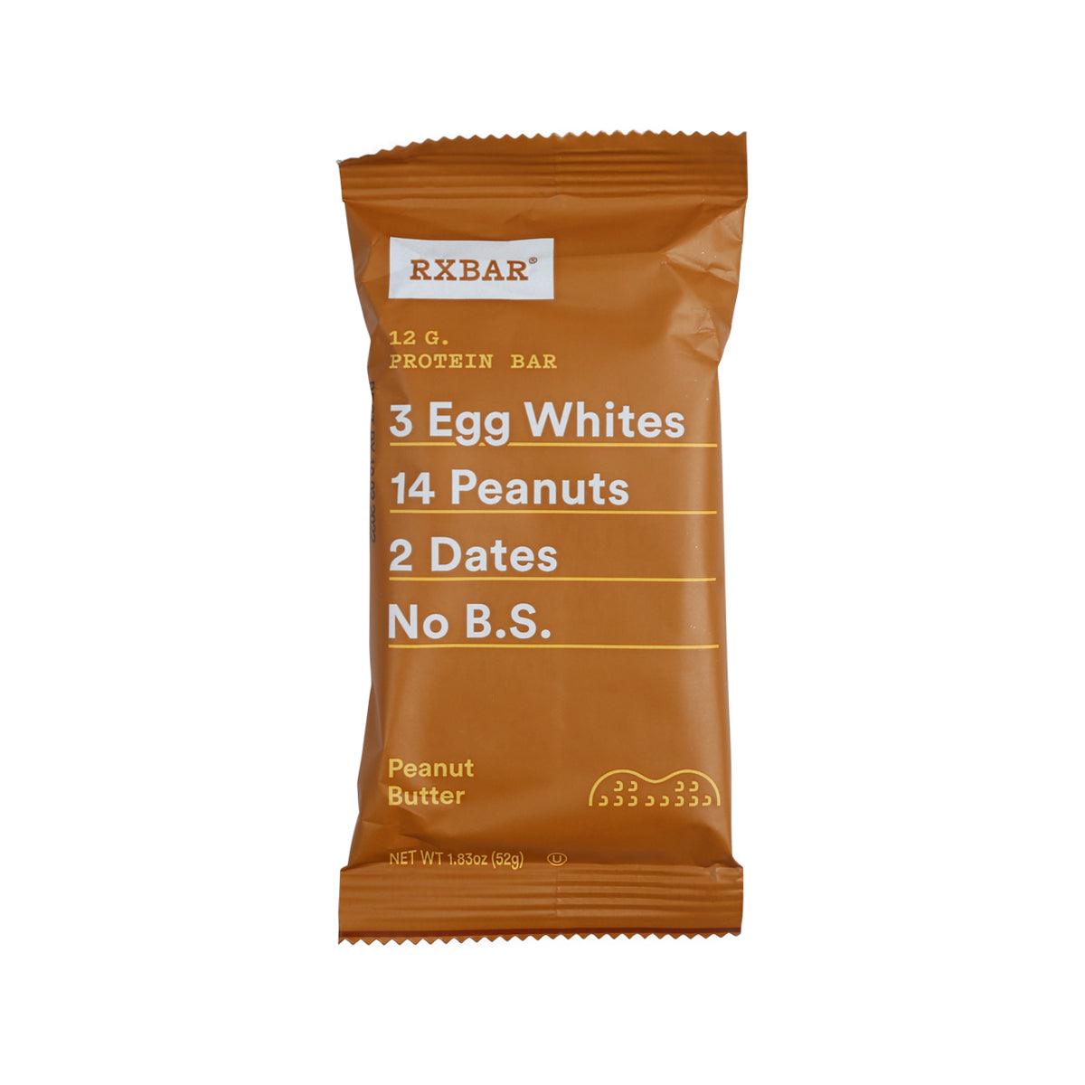 RXBAR peanut butter protein bar, brown wrapper with flavor text and No B.S.