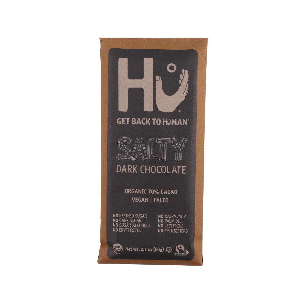 HU salty dark chocolate bar, organic 70% cacao, 60 g front package