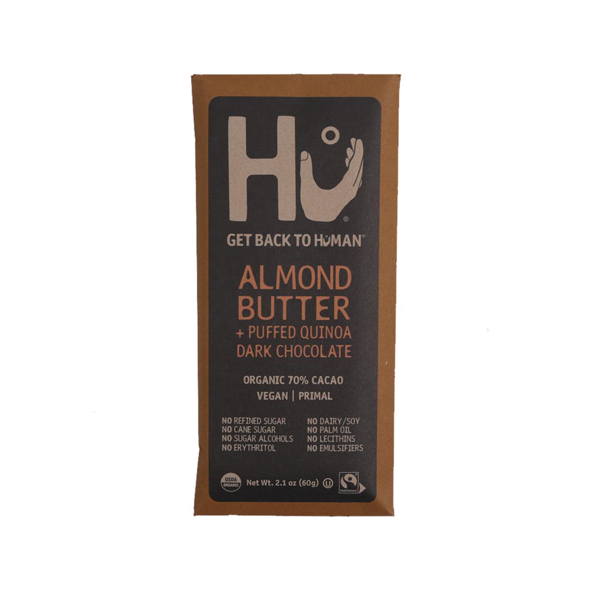 Organic dark chocolate bar package, almond butter and puffed quinoa, 60g