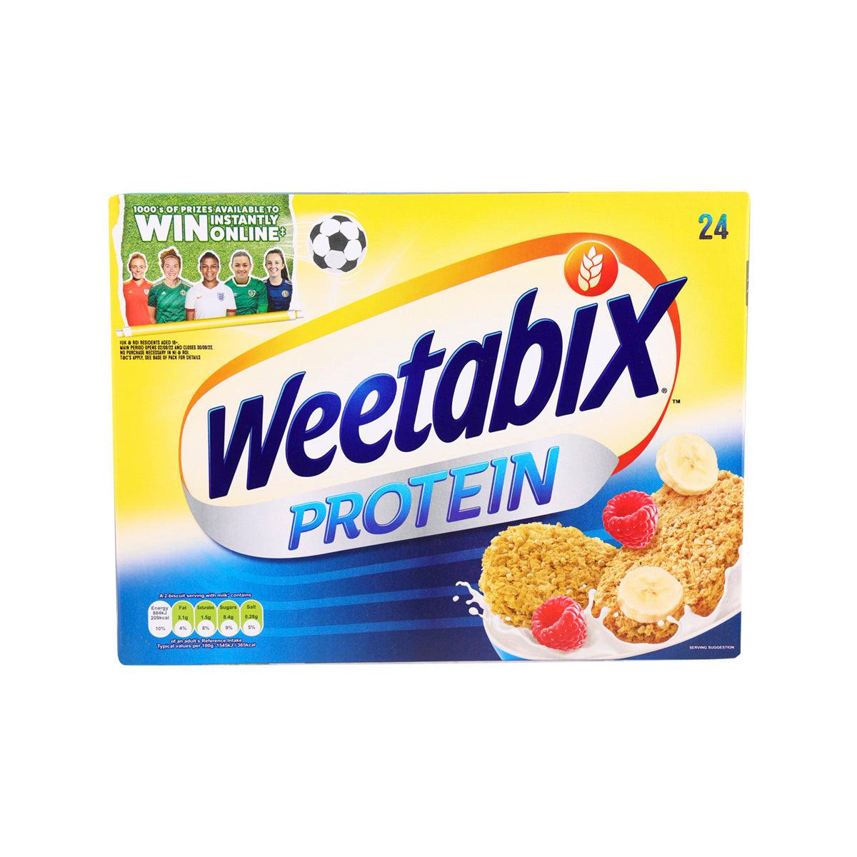 WEETABIX Protein whole wheat cereal box, yellow packaging with cereal and berries