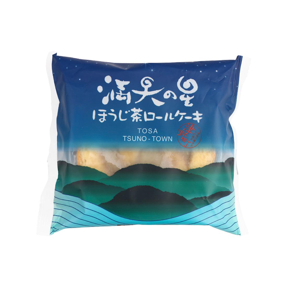 Houjicha roll cake single-serve pouch, blue with scenic print and Japanese text