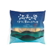 Houjicha roll cake single-serve pouch, blue with scenic print and Japanese text