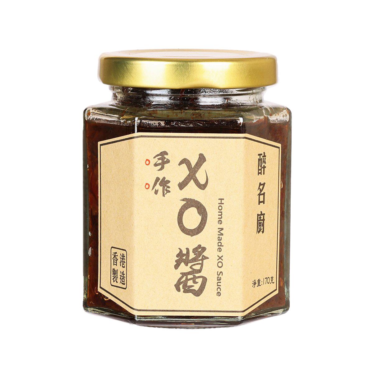 XO sauce glass jar with gold cap and front label, amber brown condiment