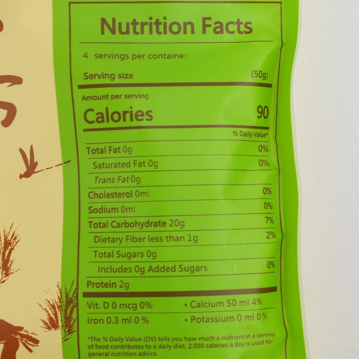 Nutrition Facts panel on SHENG KUANG organic rice noodles pouch, calories and serving info