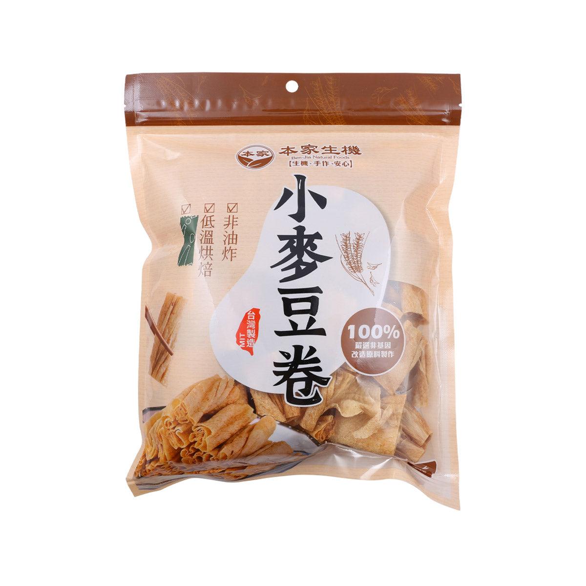 Wheat soybean roll snack in sealed tan pouch, front logo and product name