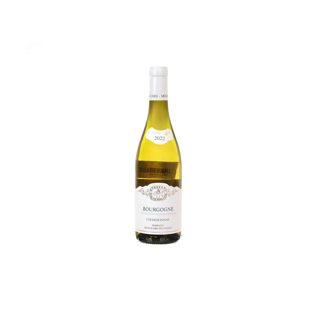 Burgundy Chardonnay wine bottle with front label and gold foil detail