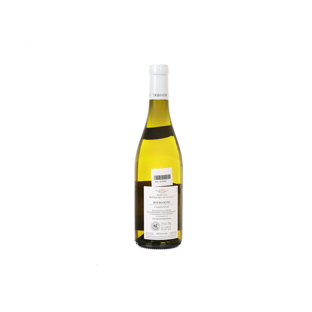 Burgundy Chardonnay wine bottle with barcode and back label