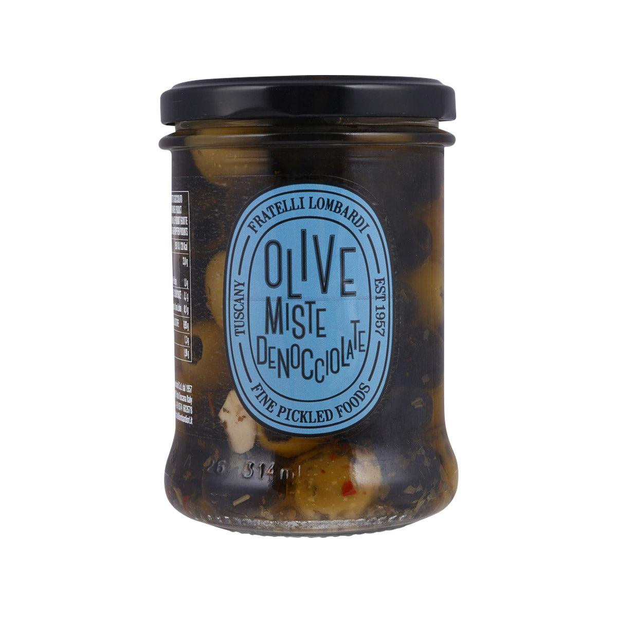 FRATELLI LOMBARDI jar of mixed pitted olives in sunflower oil, glass bottle with label