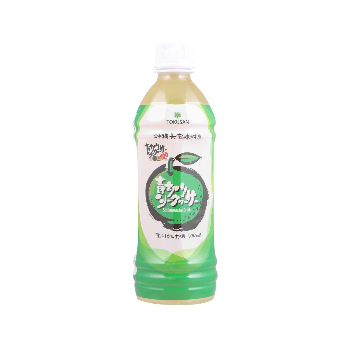 Green plastic drink bottle with front label, TOKUSAN, 500 mL