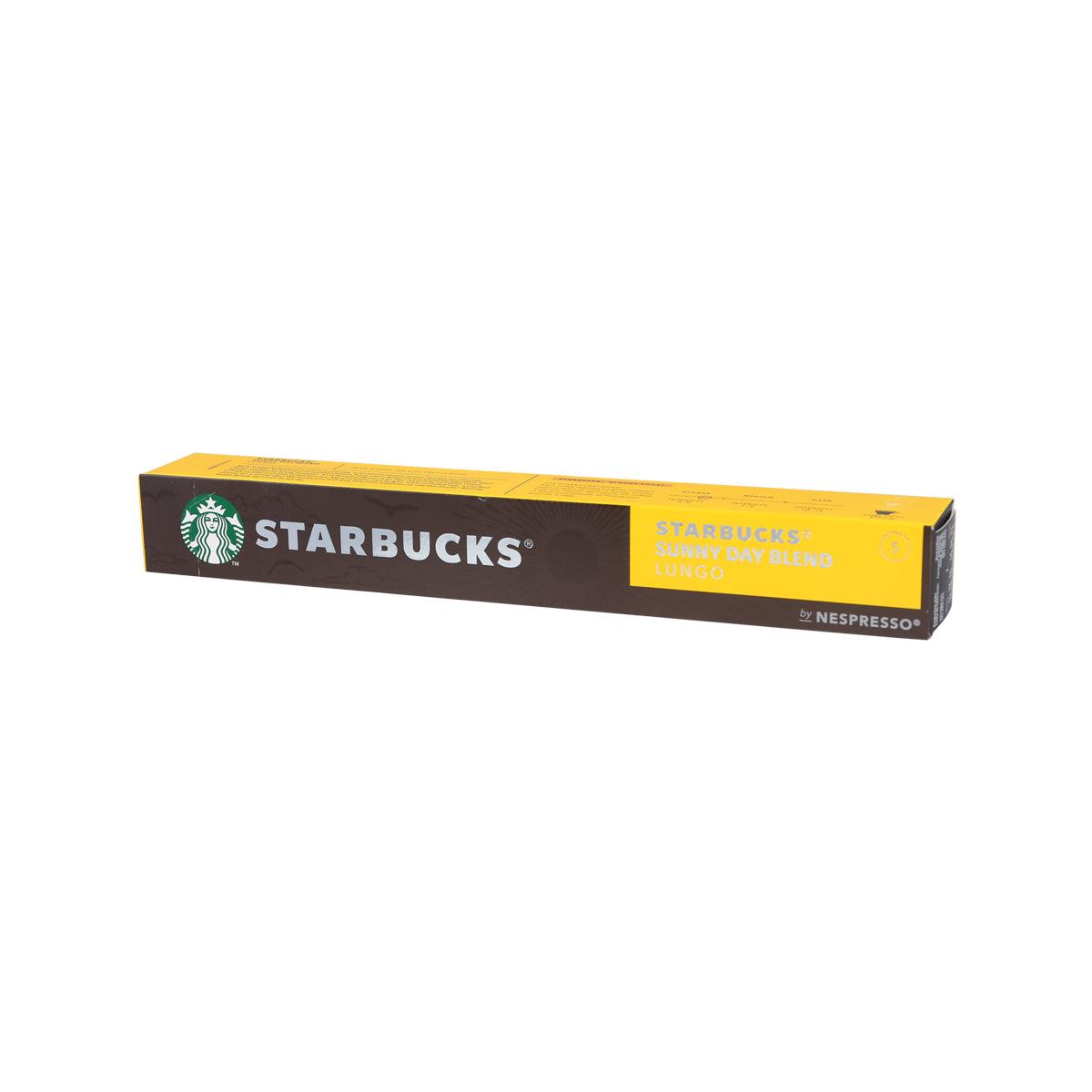 Starbucks Nespresso Sunny Day Blend coffee capsule box, yellow accents on brown