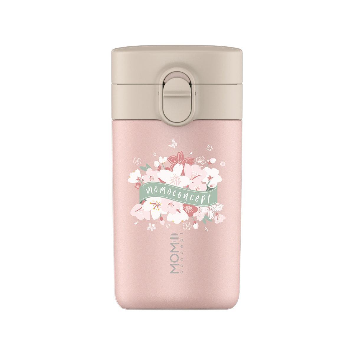 MOMOCONCEPT peach pink stainless coffee mug with lid, sakura floral print