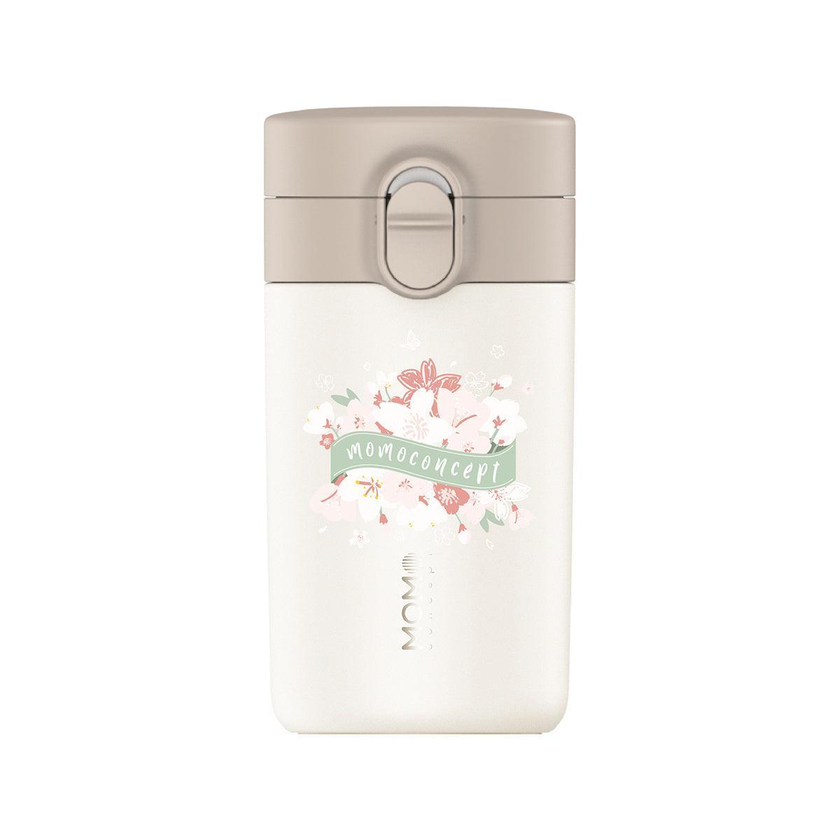 Flat white stainless coffee mug with lid, sakura floral print and MOMOCONCEPT logo