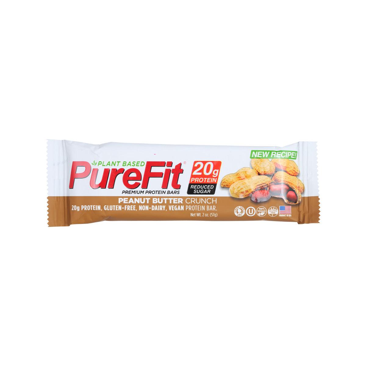 PUREFIT peanut butter crunch protein bar wrapper, plant-based 20g protein